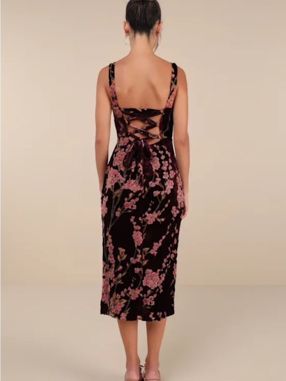 NWT Floral Burnout Velvet Midi Lace-Up Dress in Dark Plum and Pink - Picture 3 of 6